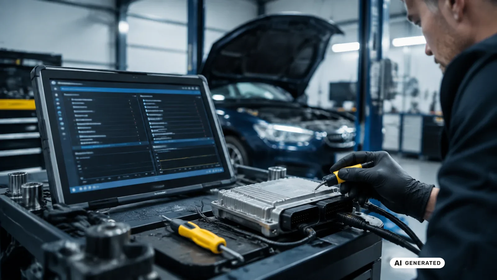 KI-generiertes Symbolbild, redaktionell geprüft: Ein aufgeklappter Laptop zeigt eine lange Datenliste, dahinter steht ein Fahrzeug mit offenem Motorraum — KI-generierte Szene, redaktionell geprüft