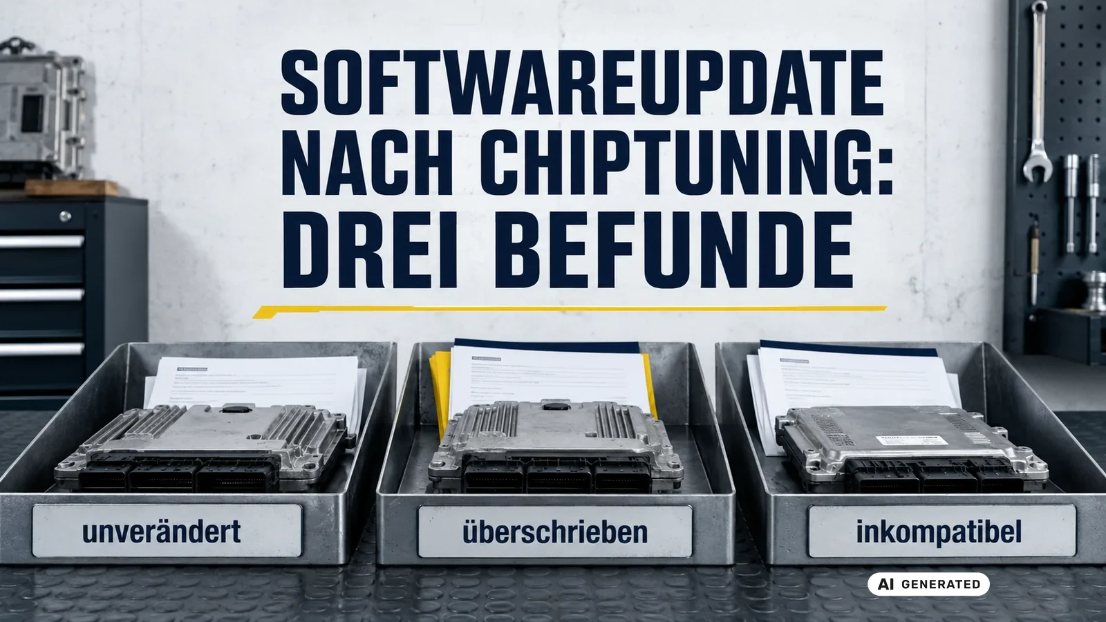 Drei Softwarezustände nach einem Herstellerupdate: unverändert, überschrieben und inkompatibel. — KI-generierte Szene, redaktionell geprüft