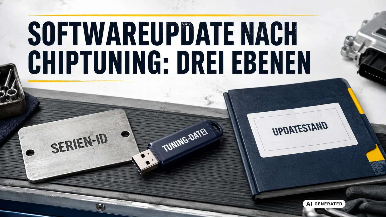 Softwareupdate nach Chiptuning in drei Ebenen: Serien-ID, Tuning-Datei und der aktuelle Updatestand. — KI-generierte Szene, redaktionell geprüft