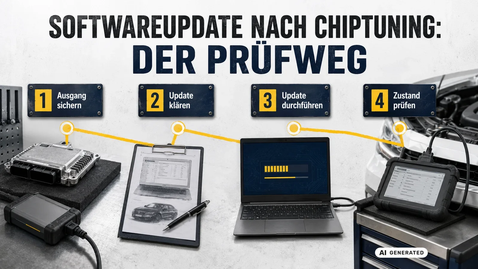 Vier Schritte vor dem Herstellerupdate: Ausgang sichern, Update klären, Update durchführen, Zustand prüfen. — KI-generierte Szene, redaktionell geprüft