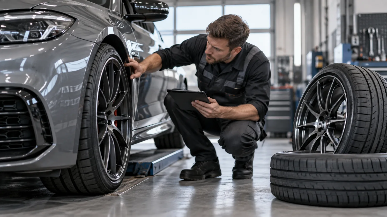 Hersteller-Softwareupdate nach Chiptuning: Servicetechniker prüft ein Fahrzeug und zugehörige Bauteile in der Werkstatt. KI-generiertes Symbolbild · redaktionell geprüft.