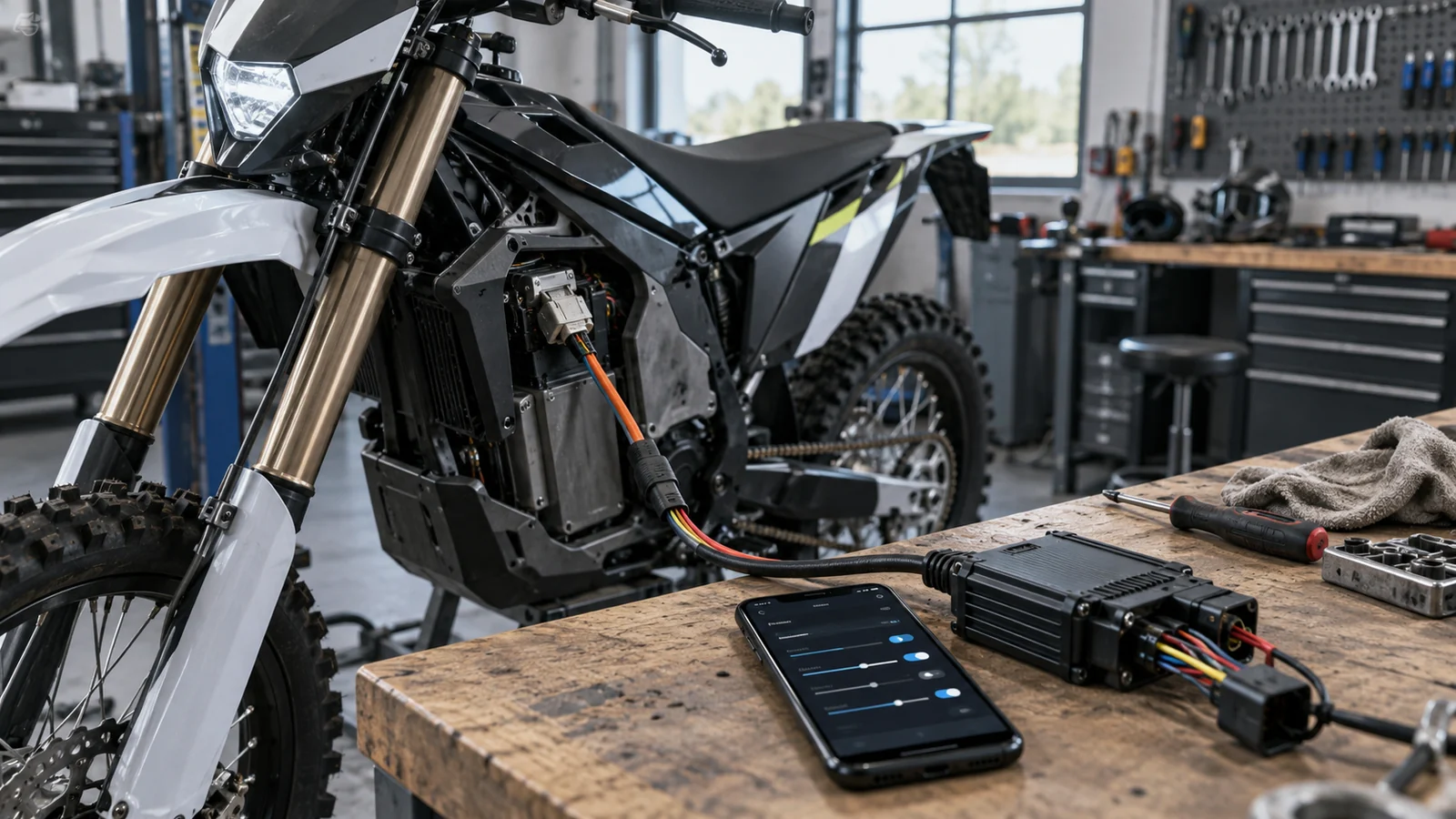 Steuergerät mit Kabelbaum und ein Smartphone mit Schieberegler-App vor einem E-Enduro in der Werkstatt. KI-generiertes Symbolbild · redaktionell geprüft.