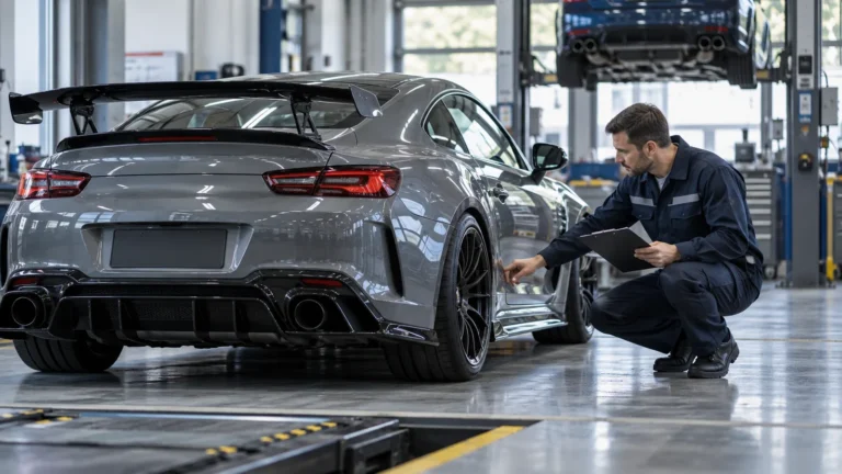 Spoiler und Bodykit: Servicetechniker prüft ein Fahrzeug und zugehörige Bauteile in der Werkstatt. KI-generiertes Symbolbild · redaktionell geprüft.