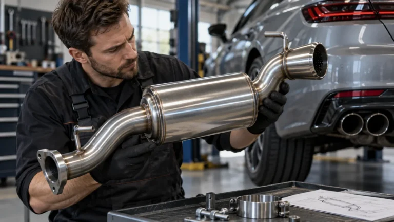 Sportauspuff am Auto legal: Servicetechniker prüft ein Fahrzeug und zugehörige Bauteile in der Werkstatt. KI-generiertes Symbolbild · redaktionell geprüft.