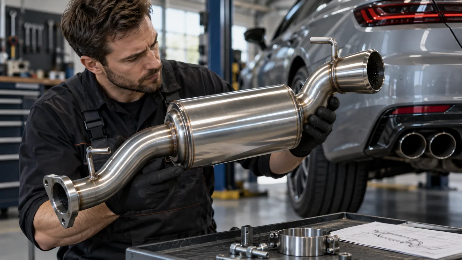 Sportauspuff am Auto legal: Servicetechniker prüft ein Fahrzeug und zugehörige Bauteile in der Werkstatt. KI-generiertes Symbolbild · redaktionell geprüft.