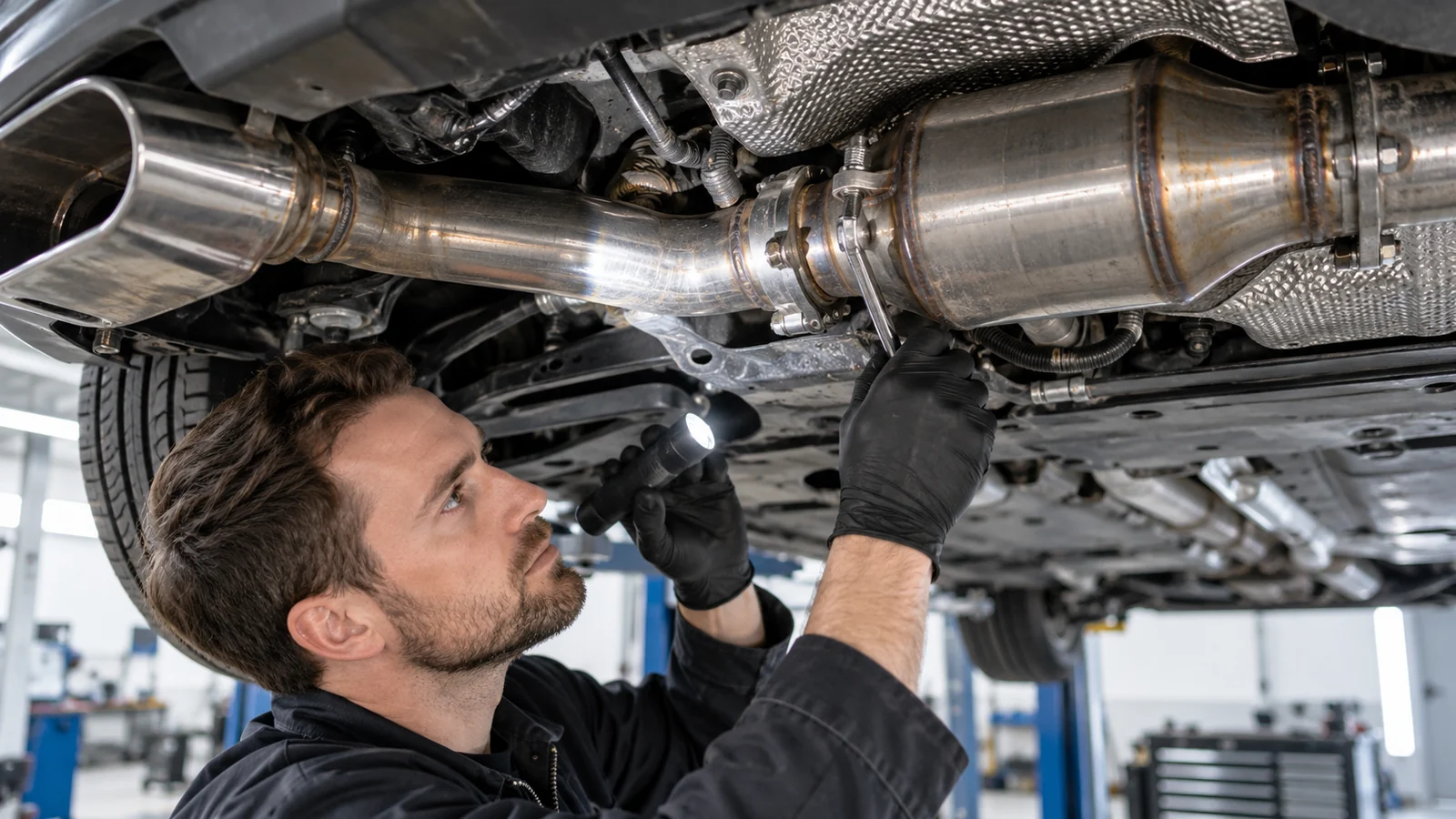 Mechaniker löst mit Lampe und Schlüssel eine Schelle am Katalysator unter dem Fahrzeug. KI-generierte Szene · redaktionell geprüft.