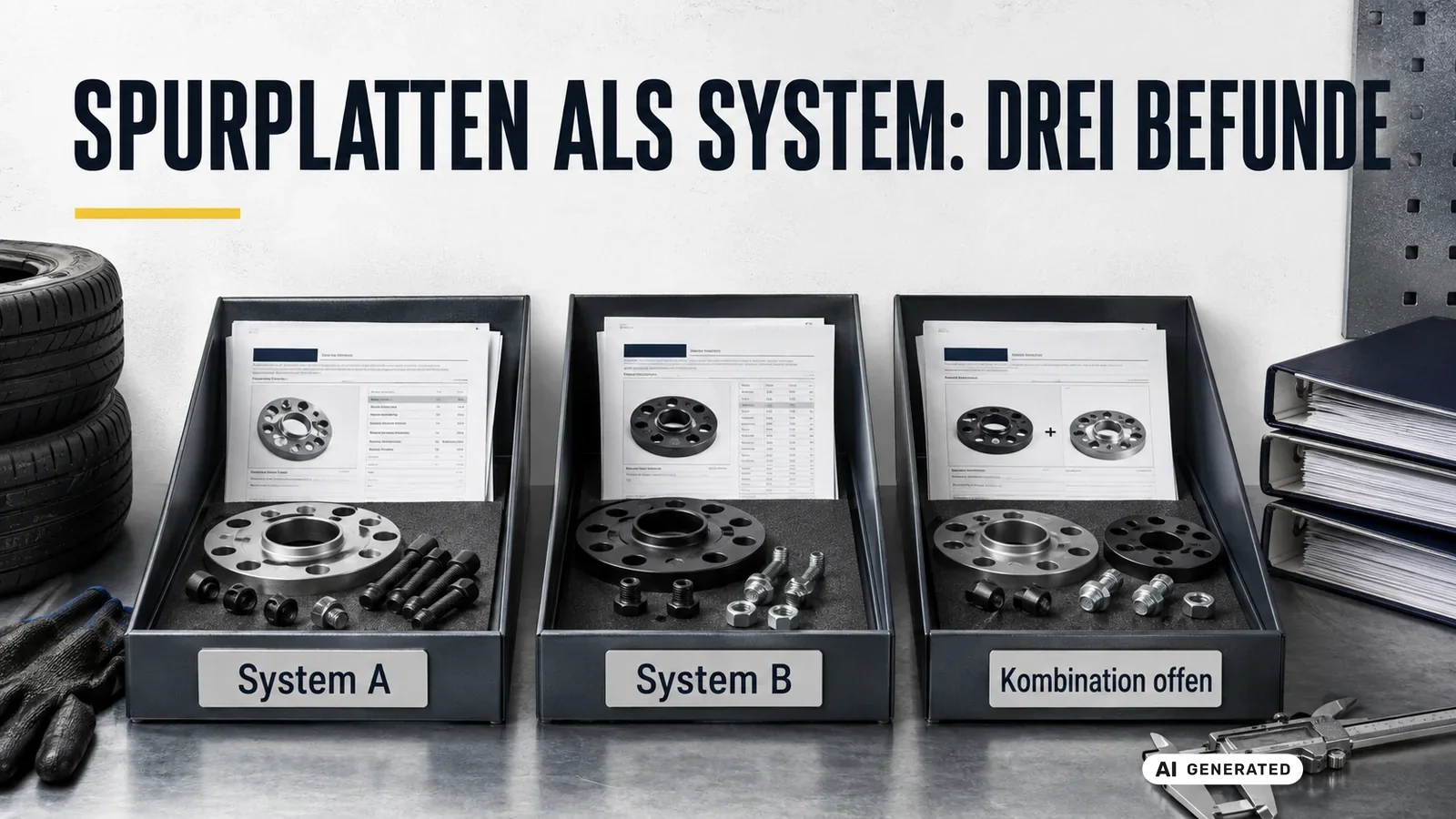 Drei Spurplatten-Varianten gegenübergestellt: System A, System B und eine Kombination mit offenem Status. — KI-generierte Szene, redaktionell geprüft