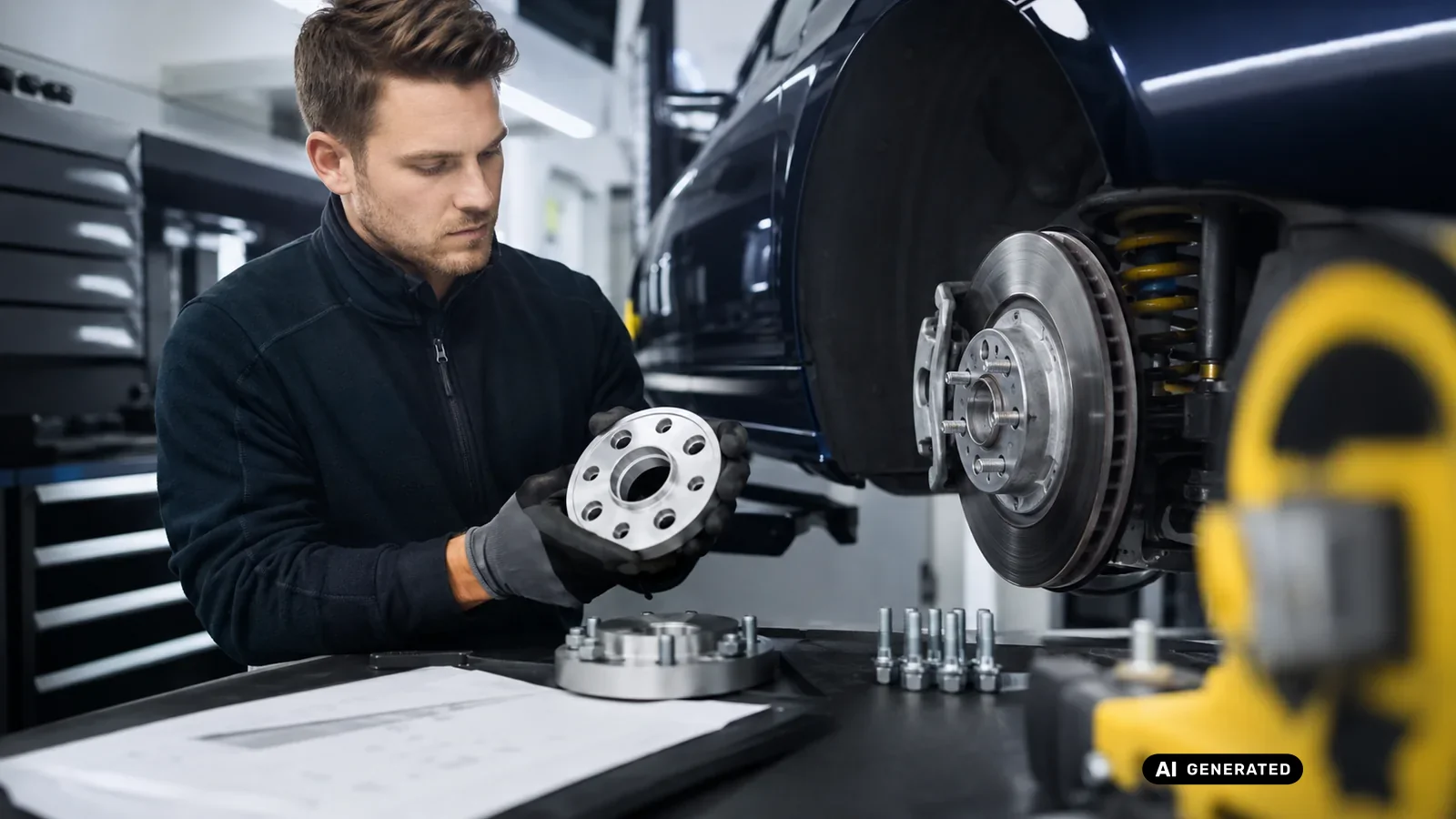 KI-generiertes Symbolbild, redaktionell geprüft: Ein Mechaniker prüft am Arbeitstisch eine Spurplatte, dahinter liegt die Bremsscheibe des Fahrzeugs frei — KI-generierte Szene, redaktionell geprüft