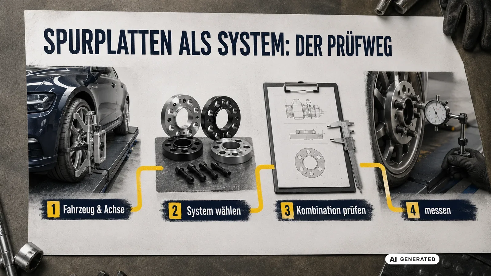 Vier Schritte beim Spurplatten-Einbau: Fahrzeug und Achse, System wählen, Kombination prüfen und messen. — KI-generierte Szene, redaktionell geprüft