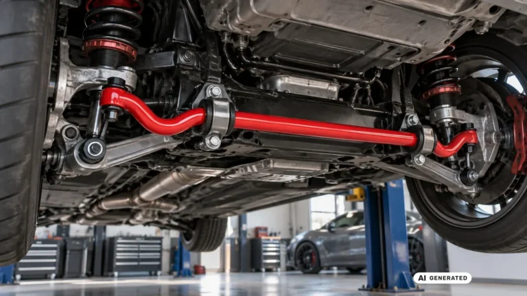 Verstärkter Stabilisator mit Koppelstangen am Fahrwerk. KI-generiertes Symbolbild · redaktionell geprüft.