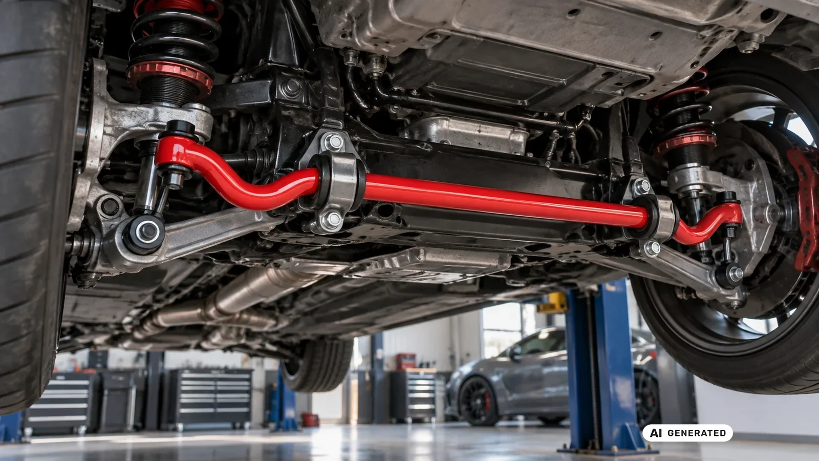 Verstärkter Stabilisator mit Koppelstangen am Fahrwerk. KI-generiertes Symbolbild · redaktionell geprüft.