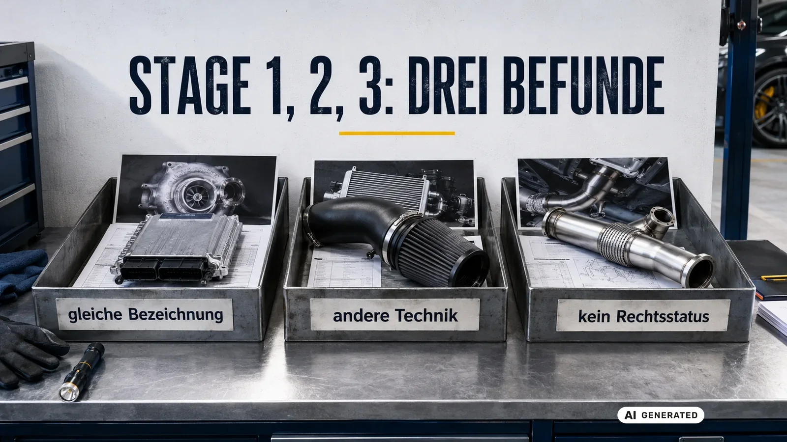 Drei Befundfelder zu Stage-Angaben: gleiche Bezeichnung, andere Technik und ein Feld ohne Rechtsstatus. — KI-generierte Szene, redaktionell geprüft
