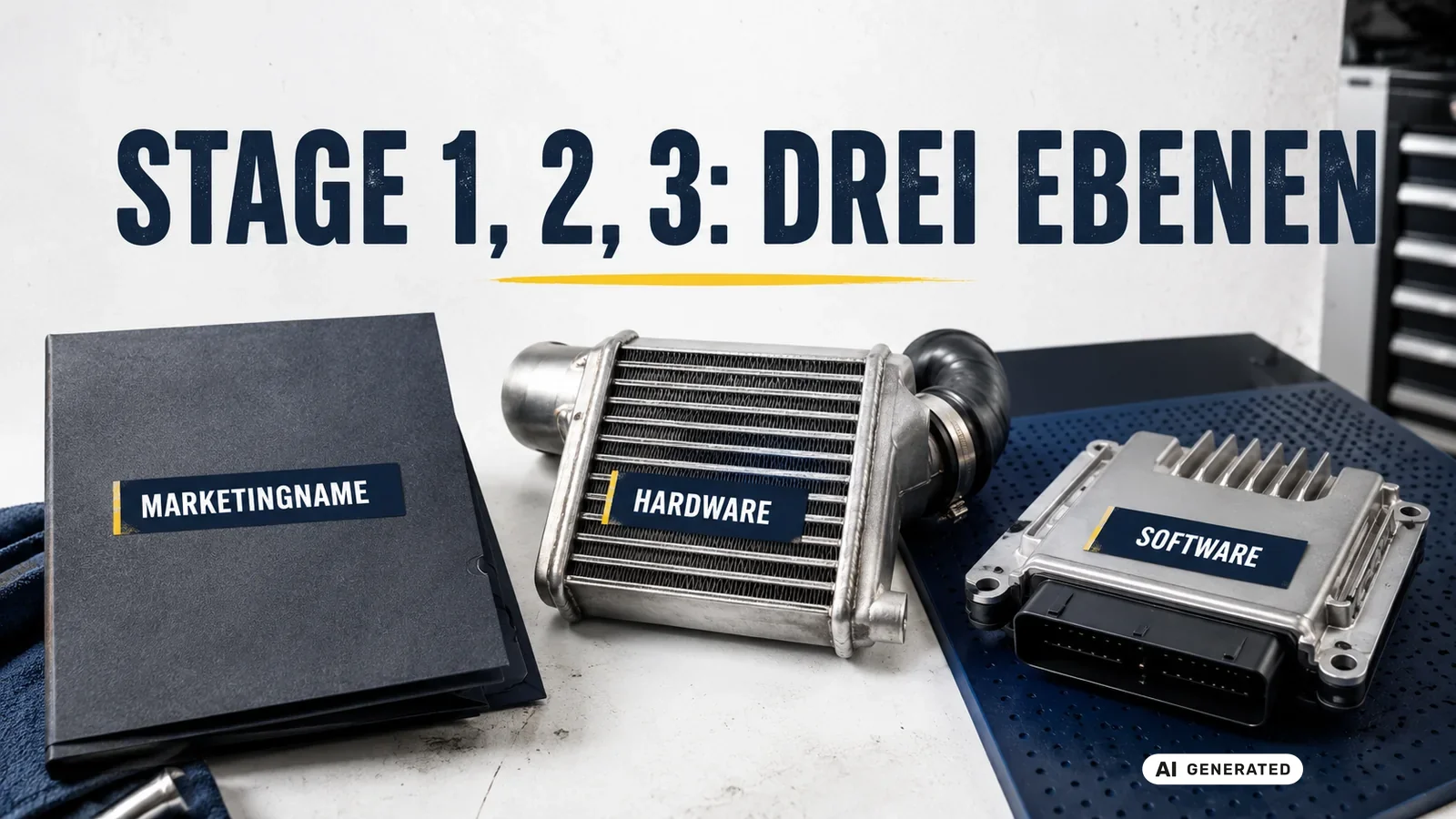 Stage-Bezeichnungen in drei Ebenen aufgetrennt: Marketingname, verbaute Hardware und geänderte Software. — KI-generierte Szene, redaktionell geprüft