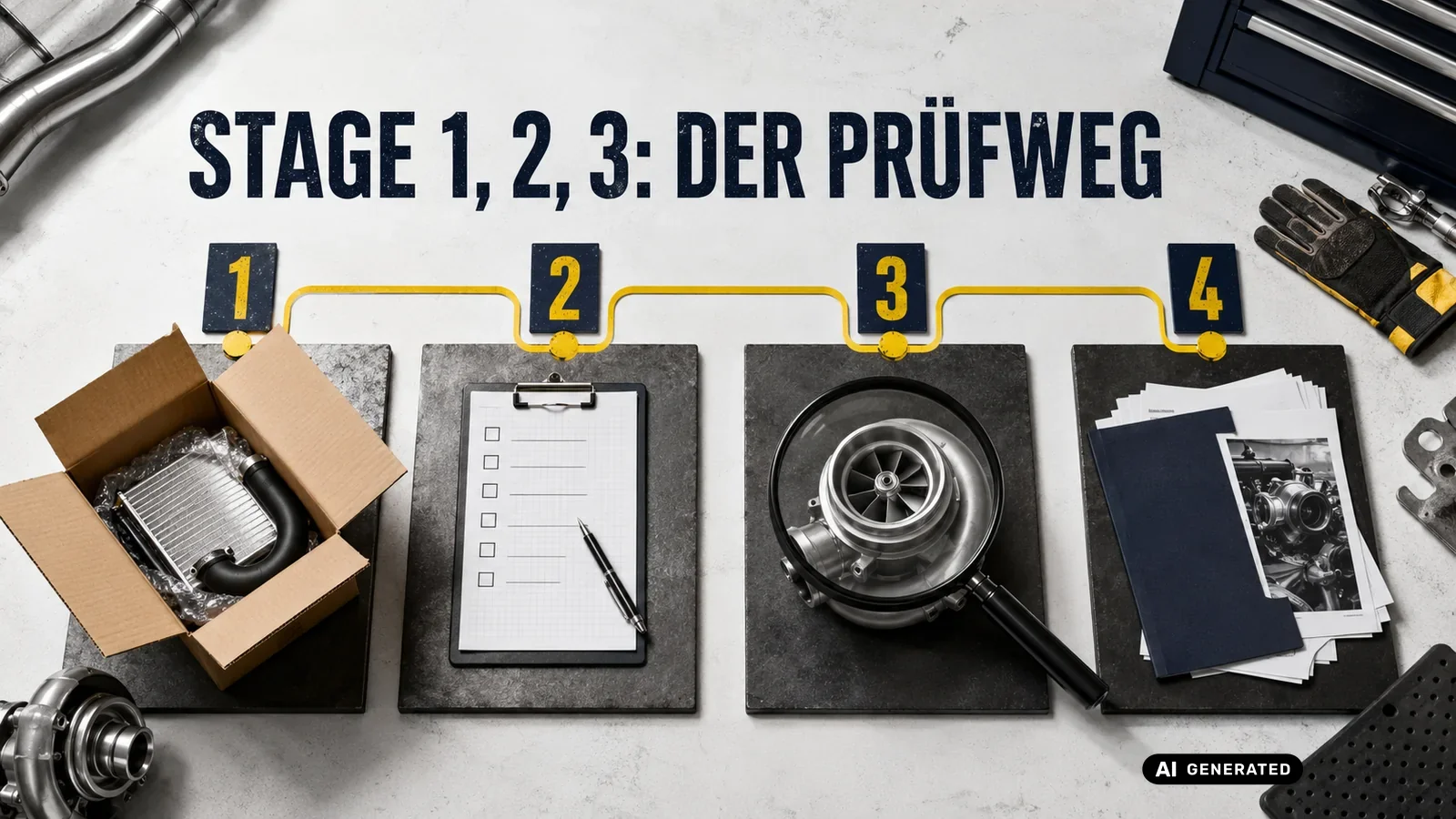 Vier nummerierte Stationen zum Stage-Umbau: geliefertes Teil, Checkliste, Bauteilprüfung unter der Lupe und Unterlagen. — KI-generierte Szene, redaktionell geprüft