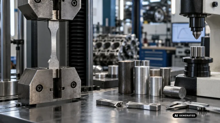 Zugprüfmaschine mit Materialprobe zur Ermittlung von Streckgrenze und Zugfestigkeit. KI-generiertes Symbolbild · redaktionell geprüft.