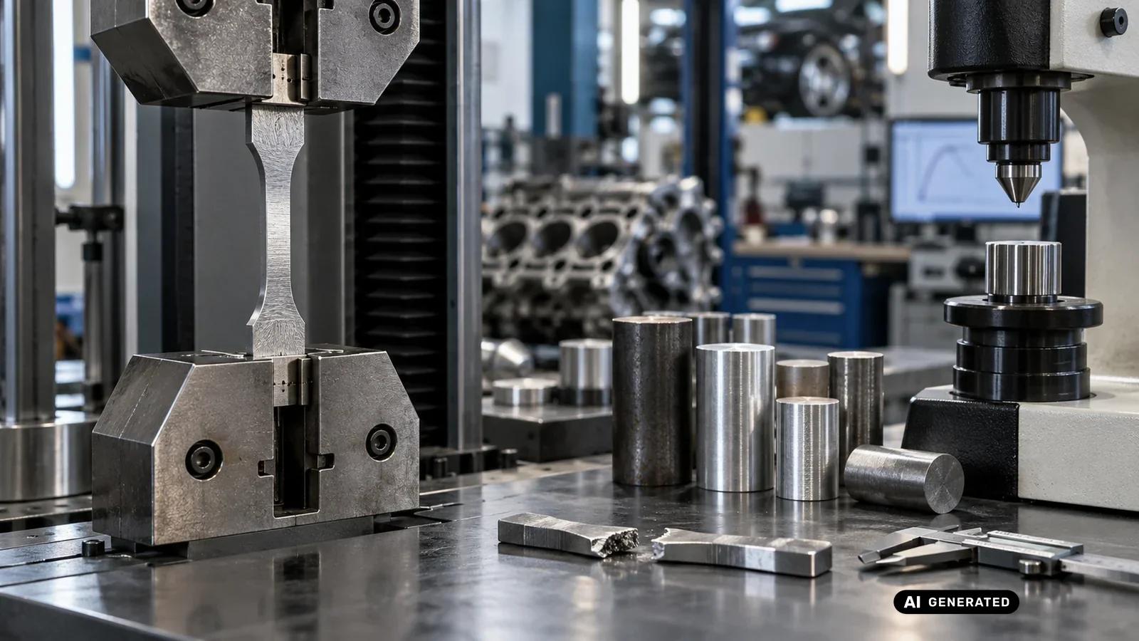 Zugprüfmaschine mit Materialprobe zur Ermittlung von Streckgrenze und Zugfestigkeit. KI-generiertes Symbolbild · redaktionell geprüft.
