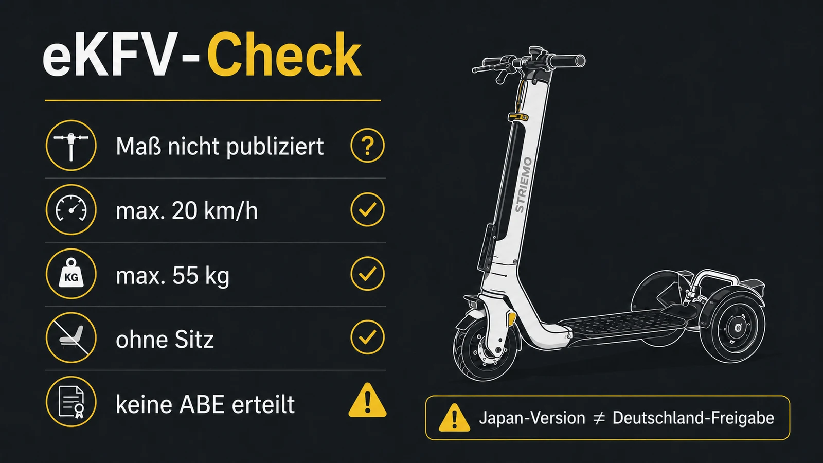 eKFV-Check für Striemo: Länge der Lenk- oder Haltestange nicht publiziert, maximal 20 km/h, maximal 55 kg und ohne Sitz erfüllt, keine ABE erteilt
