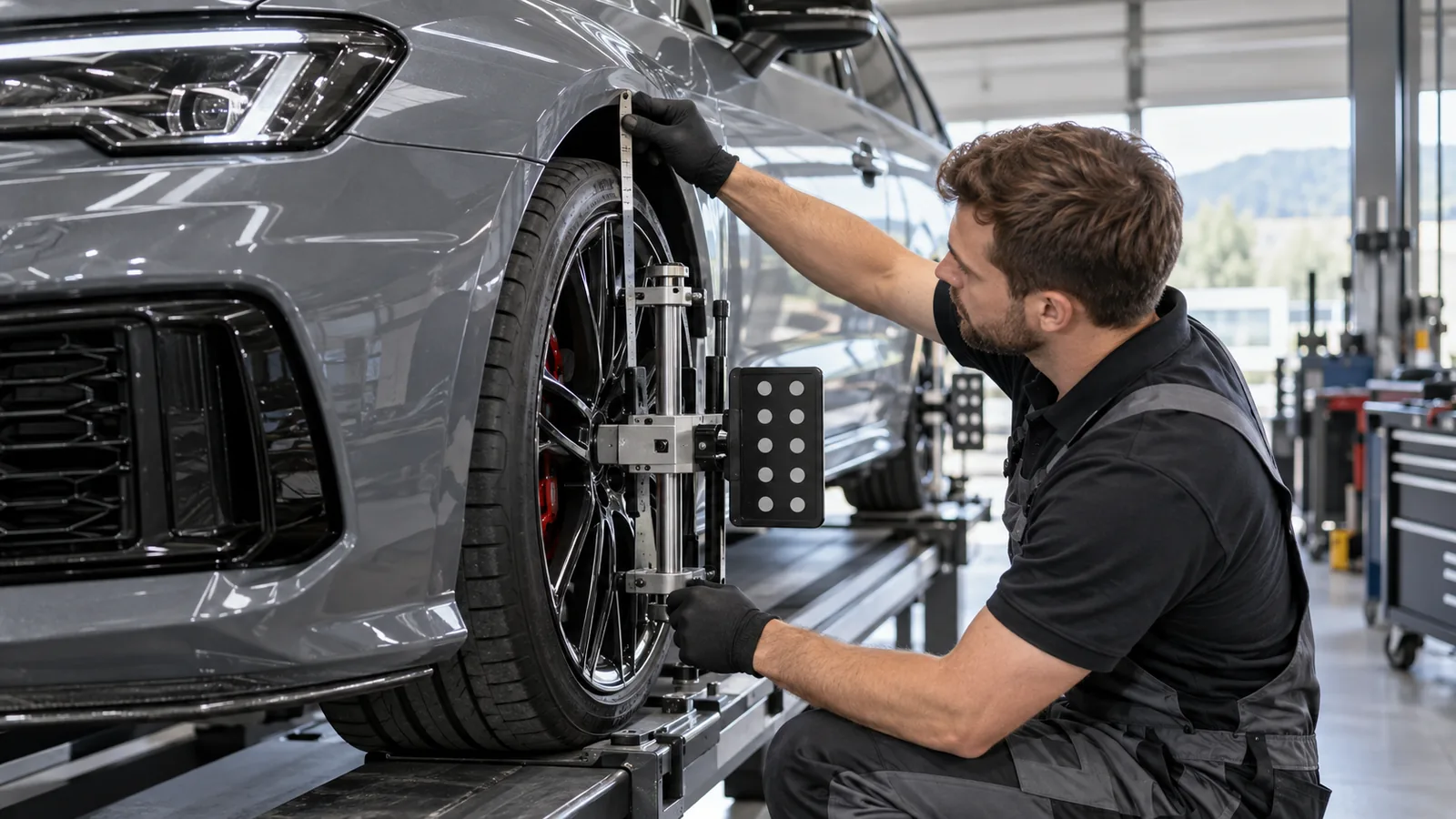 Achsvermessung nach dem Fahrwerksumbau: Servicetechniker prüft ein Fahrzeug und zugehörige Bauteile in der Werkstatt. KI-generiertes Symbolbild · redaktionell geprüft.