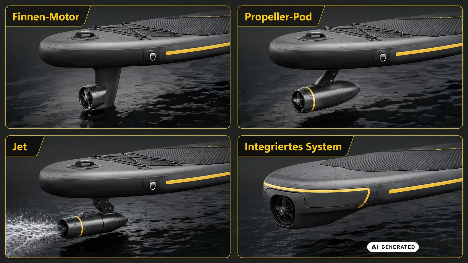 Vier Antriebsarten beim Motor-SUP: Finnen-Motor, Propeller-Pod, Jet und integriertes System im Vergleich. KI-generiertes Symbolbild · redaktionell geprüft.