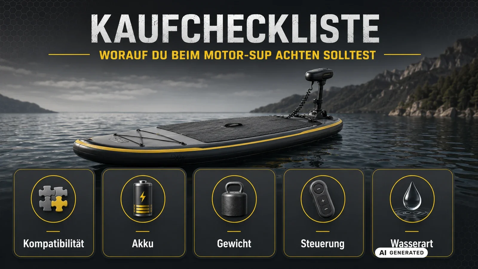 Kaufkriterien Motor-SUP: Kompatibilitaet, Akku, Gewicht, Steuerung und Wasserart. KI-generiertes Symbolbild · redaktionell geprüft.