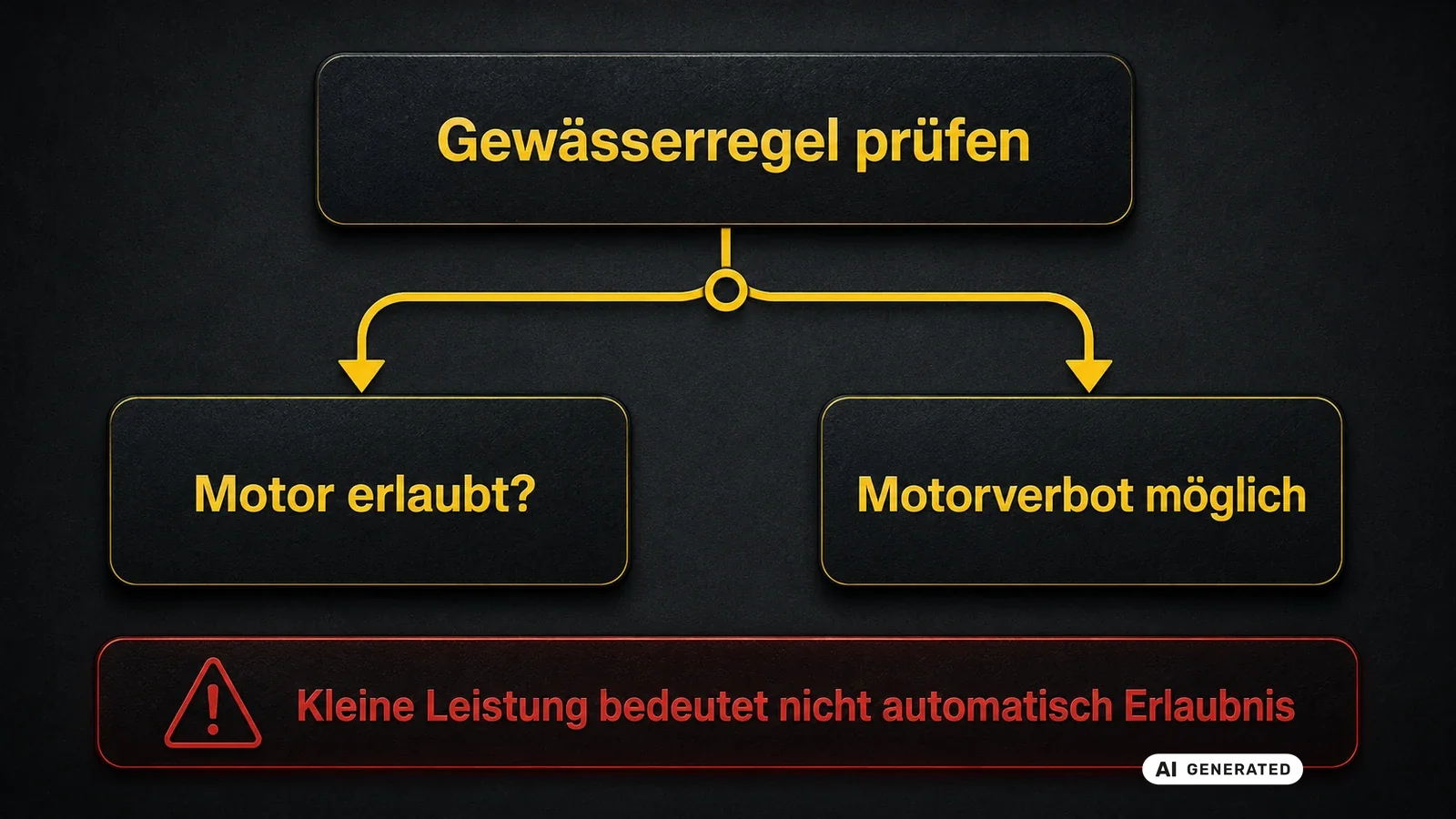 Gewaesserregel entscheidet: Motorverbot auf Seen trotz kleiner Leistung. KI-generiertes Symbolbild · redaktionell geprüft.