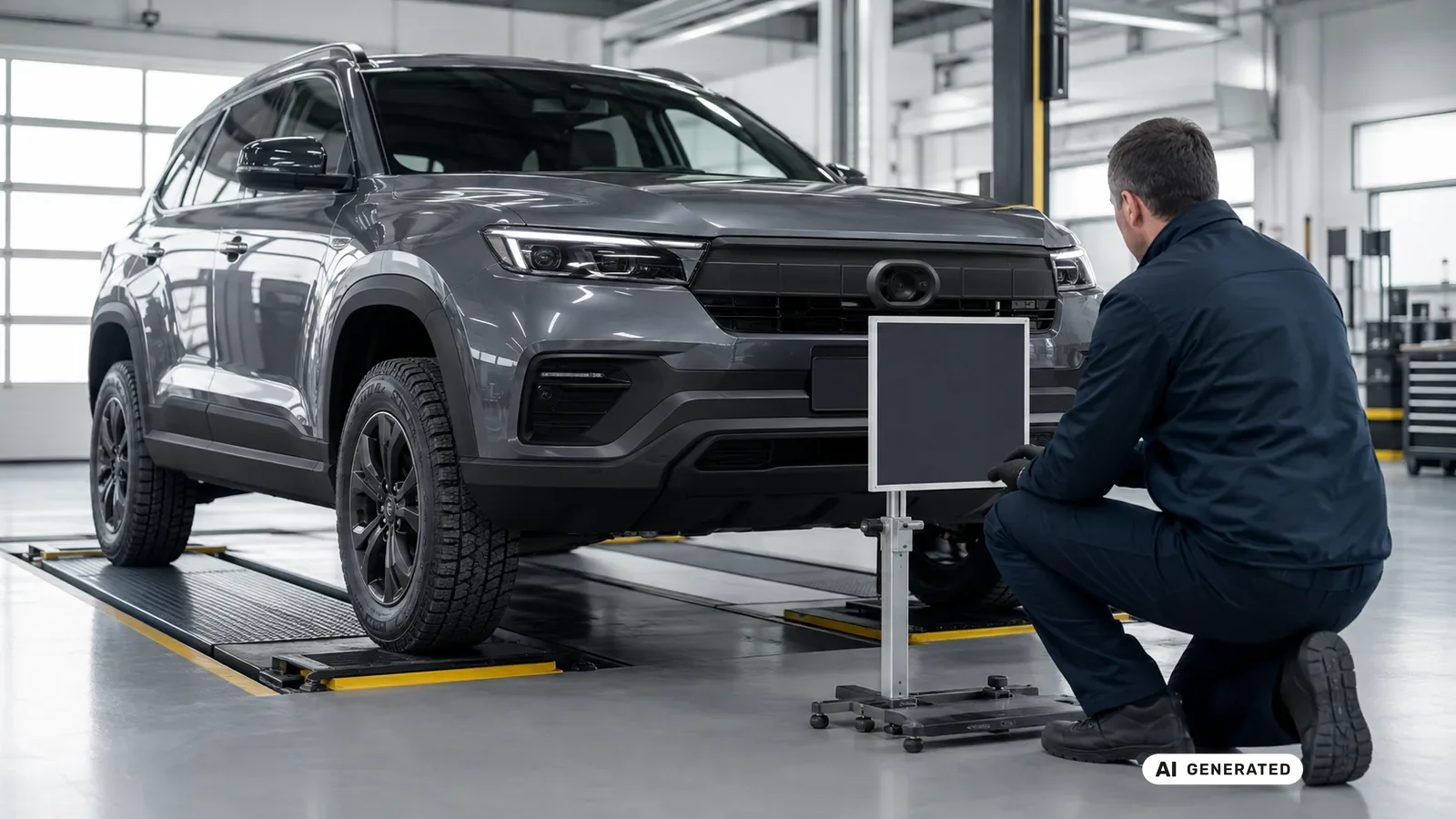 Techniker kontrolliert Radfreigang und Sensorbereich eines SUV — KI-generierte Szene, redaktionell geprüft