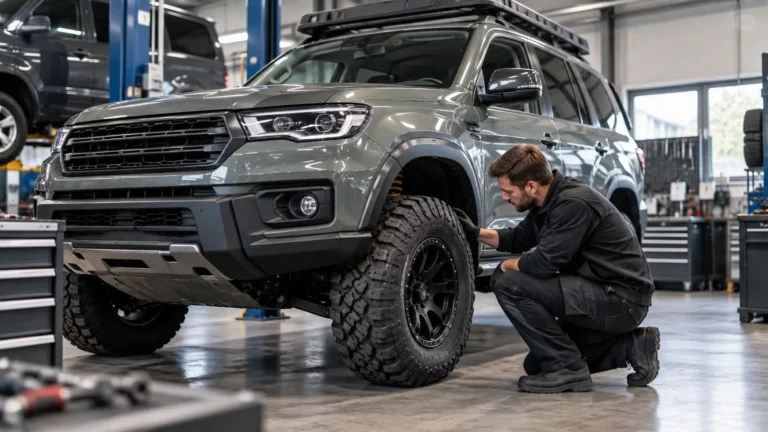 SUV, Van und 4×4 umbauen: Servicetechniker prüft das Fahrzeug in der Kfz-Werkstatt. KI-generiertes Symbolbild · redaktionell geprüft.