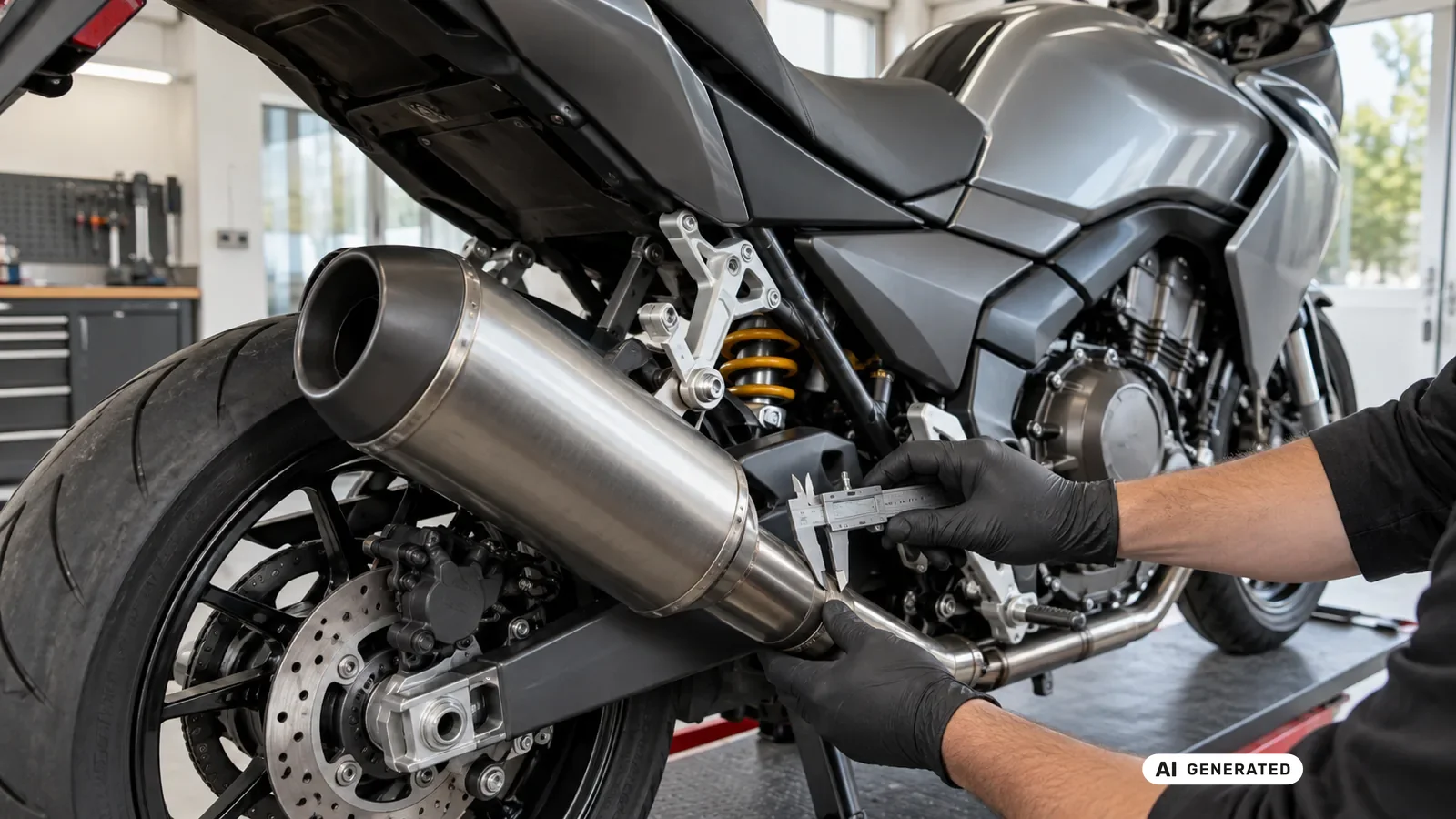 Technische Detailprüfung zum Thema Auspuff und alte Genehmigungsstände an einer neutralen Fahrzeugdarstellung für Suzuki Bandit 1250 2007–2016. — KI-generierte Szene, redaktionell geprüft