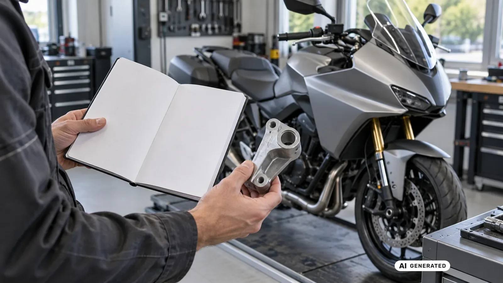 Dokumenten- und Bauteilabgleich für den Beitrag Suzuki Bandit 1250 2007–2016; Schrift und persönliche Daten sind nicht lesbar. — KI-generierte Szene, redaktionell geprüft