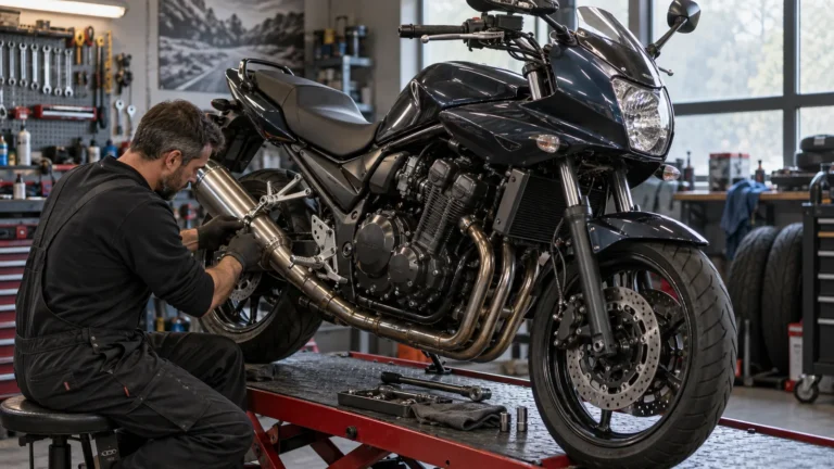 Suzuki Bandit 1250 2007–2016 legal tunen: Mechaniker begutachtet Anbauteile an dem Motorrad in der Werkstatt. KI-generiertes Symbolbild · redaktionell geprüft.