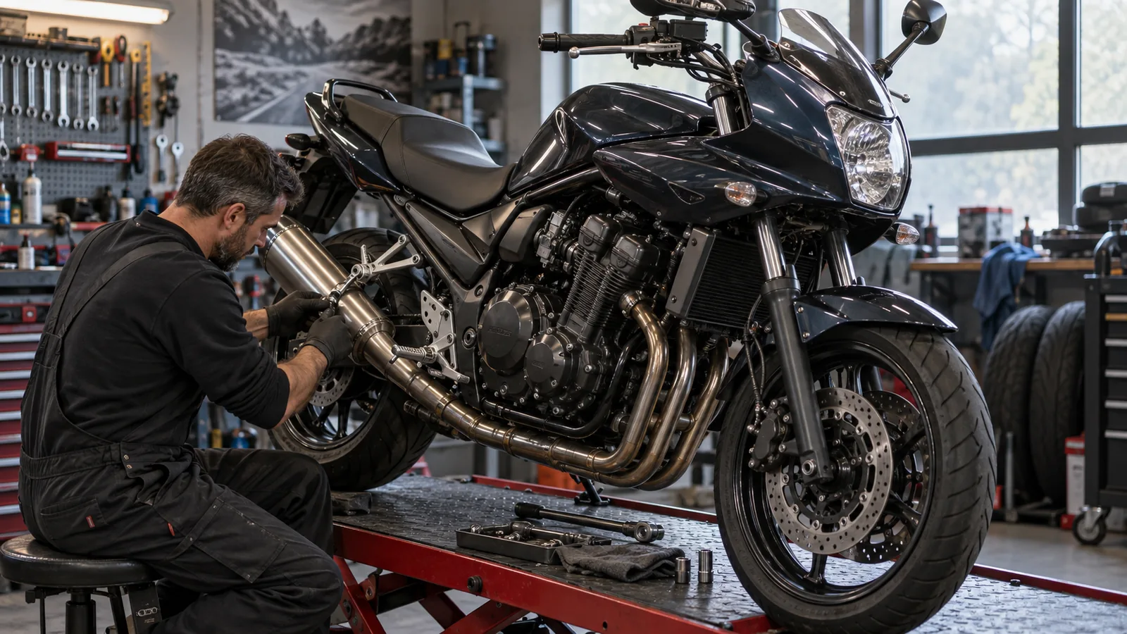 Suzuki Bandit 1250 2007–2016 legal tunen: Mechaniker begutachtet Anbauteile an dem Motorrad in der Werkstatt. KI-generiertes Symbolbild · redaktionell geprüft.