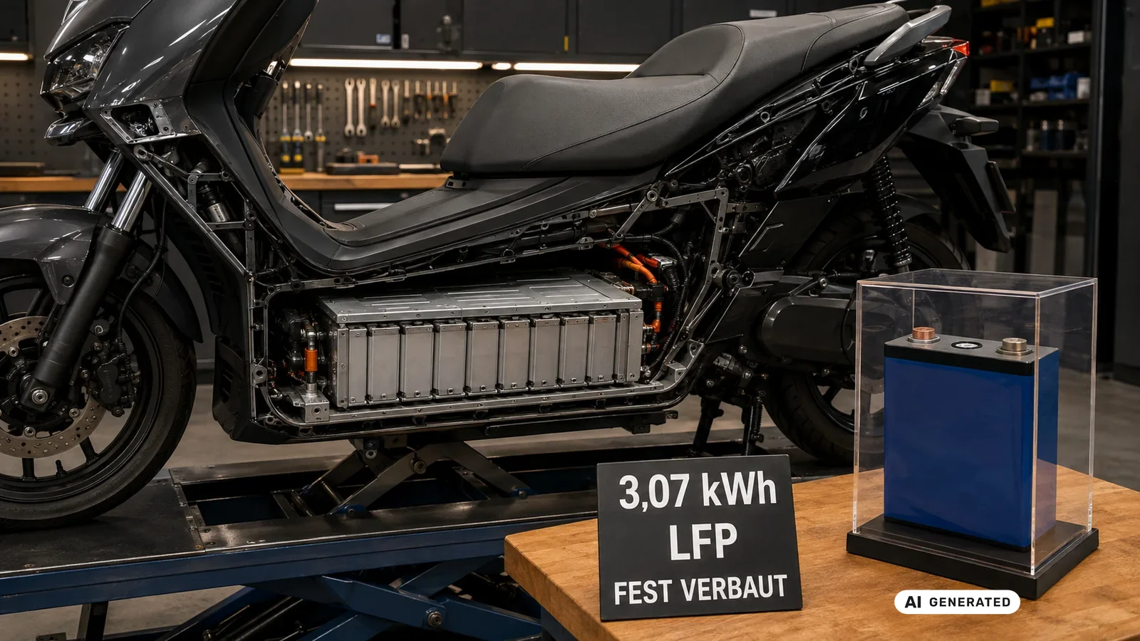 Fest verbauter 3,07-kWh-LFP-Akku des Suzuki e-Address. KI-generiertes Symbolbild · redaktionell geprüft.