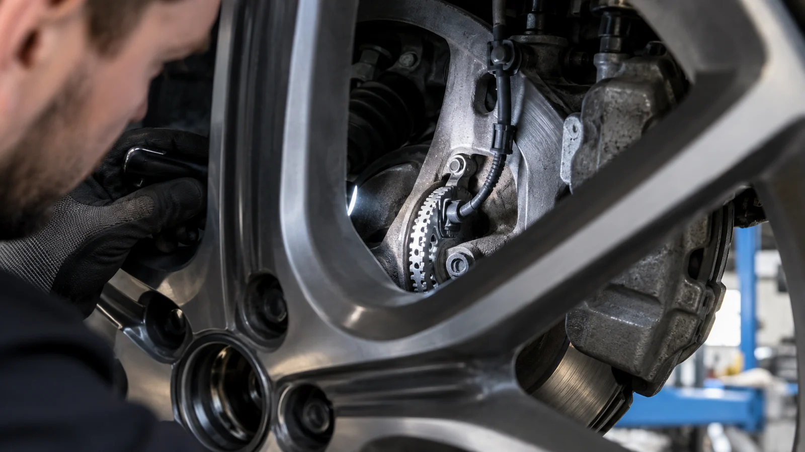 Mechaniker leuchtet hinter der Felge auf den ABS-Sensorring an der Radnabe. KI-generierte Szene · redaktionell geprüft.