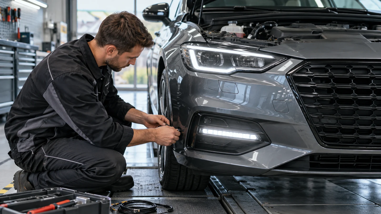 Mechaniker arbeitet an der leuchtenden Tagfahrleuchte im vorderen Stoßfänger. KI-generierte Szene · redaktionell geprüft.