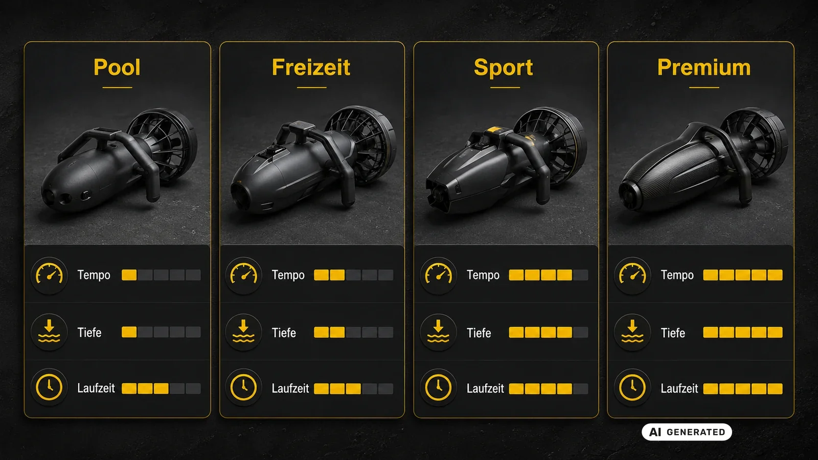 Vier Klassen von Tauchscootern von Pool bis Premium im Vergleich. KI-generiertes Symbolbild · redaktionell geprüft.