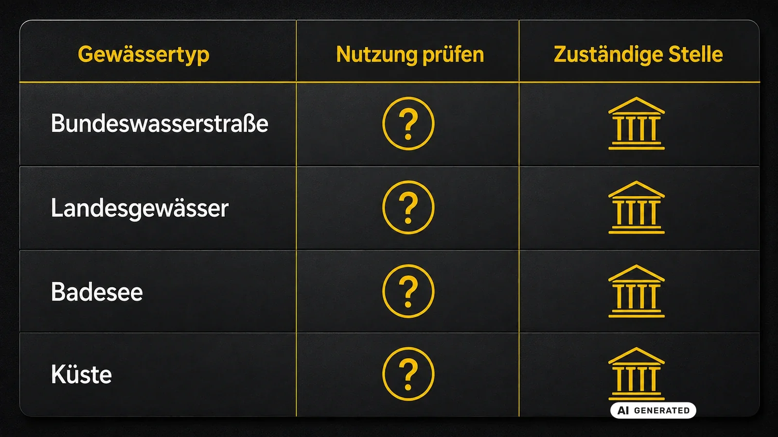 Prüflogik-Grafik Gewässertyp gegen erlaubte Nutzung und zuständige Behörde fuer Tauchscooter. KI-generiertes Symbolbild · redaktionell geprüft.
