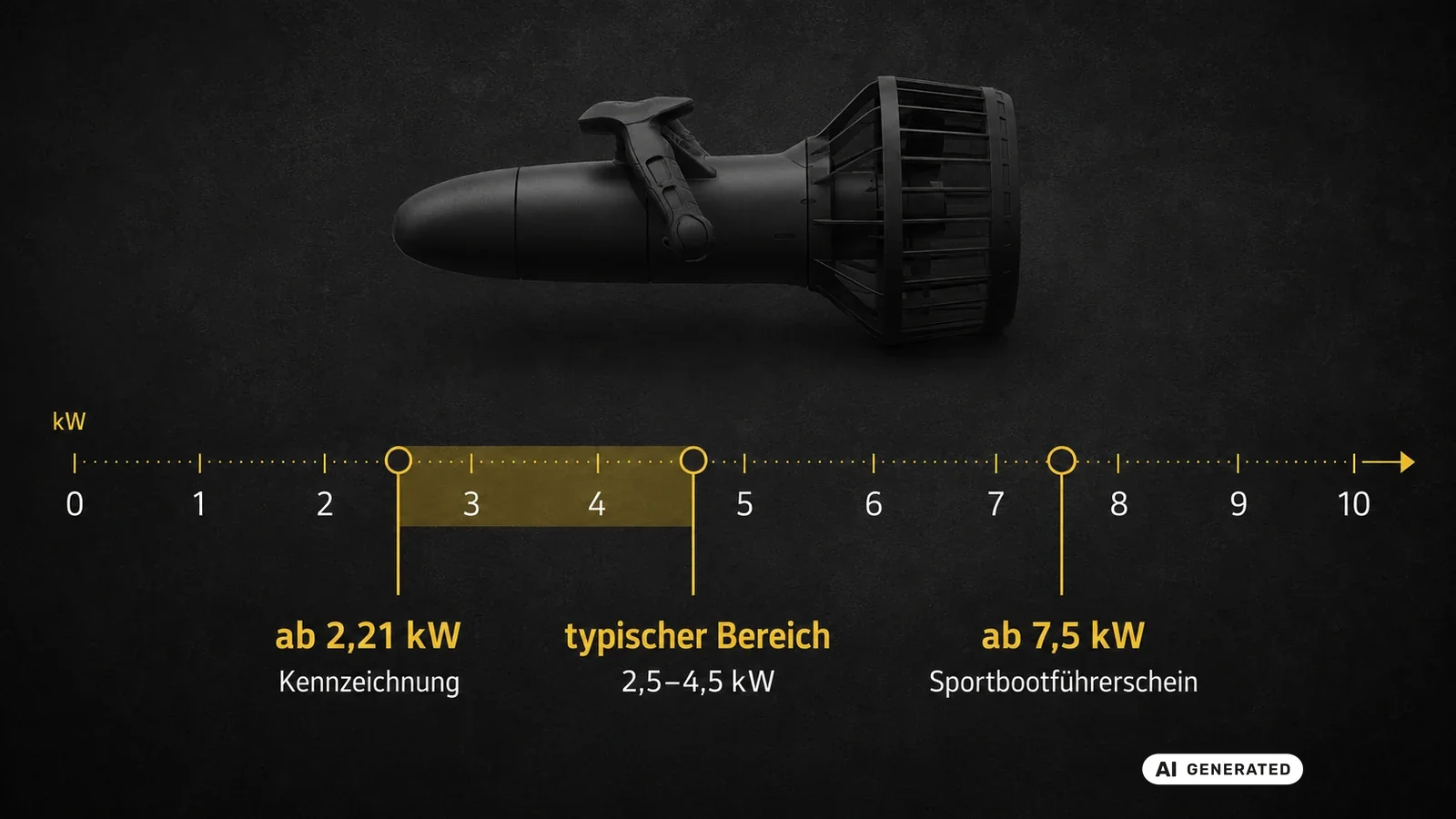 Infografik Leistungsgrenzen Tauchscooter: Kennzeichnung ab 2,21 kW, Seabob 2,5 bis 4,5 kW, Führerschein ab 7,5 kW. KI-generiertes Symbolbild · redaktionell geprüft.