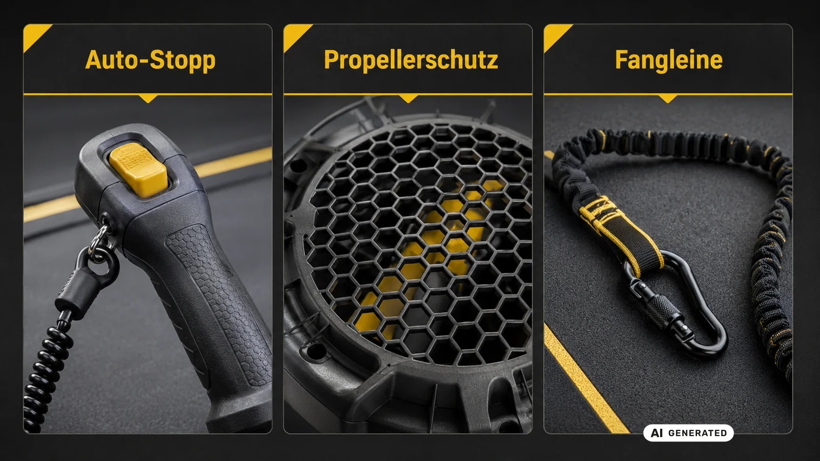 Sicherheitsmerkmale Tauchscooter Auto-Stopp Propellerschutz und Fangleine. KI-generiertes Symbolbild · redaktionell geprüft.