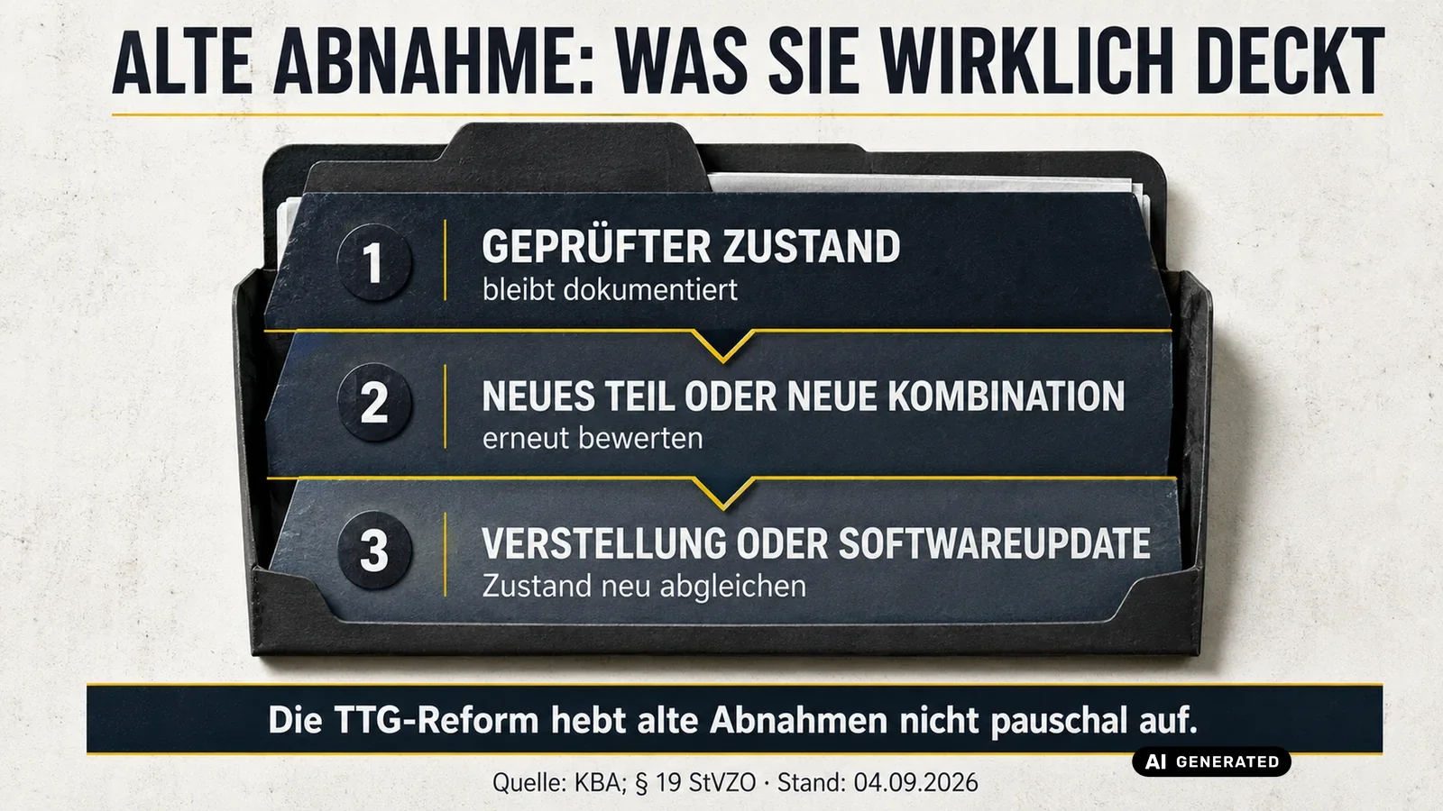 Drei Ebenen zum Geltungsumfang einer alten Abnahme. — KI-generierte Szene, redaktionell geprüft