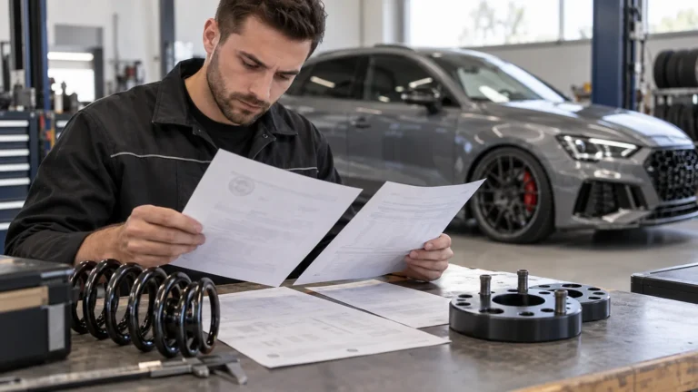 Teiletypgenehmigung seit 2025: Servicetechniker prüft Fahrzeugpapiere und Bauteile in der Werkstatt. KI-generiertes Symbolbild · redaktionell geprüft.