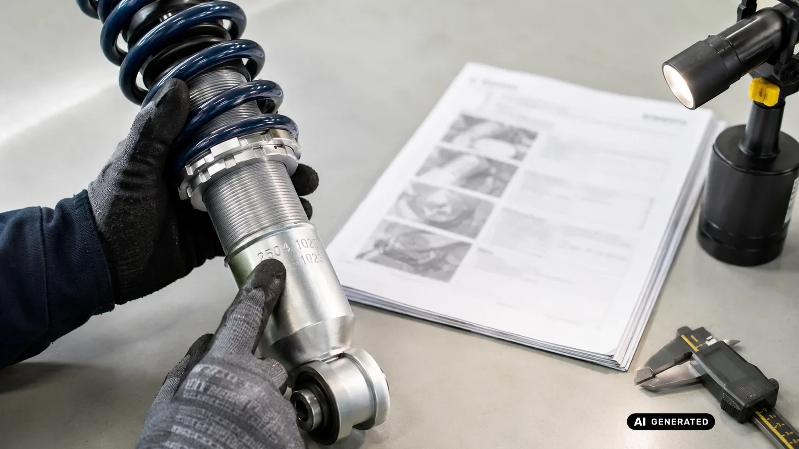 KI-generiertes Symbolbild, redaktionell geprüft: Kennzeichnung eines Gewindefahrwerks wird mit einer technischen Unterlage abgeglichen — KI-generierte Szene, redaktionell geprüft