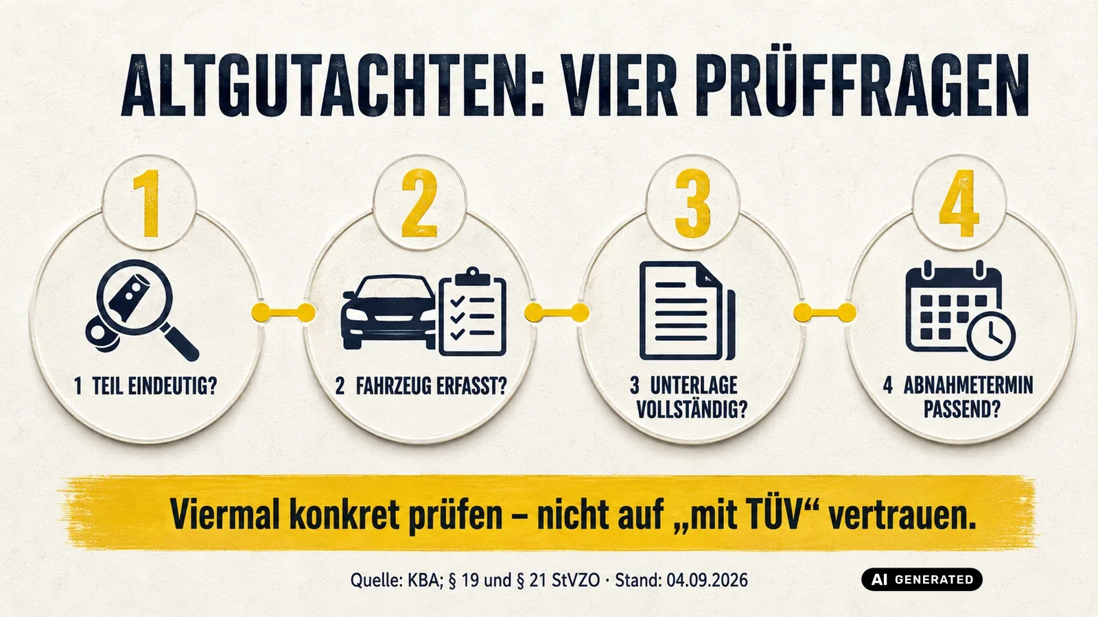 Vier Prüffragen für ältere Teilegutachten. — KI-generierte Szene, redaktionell geprüft