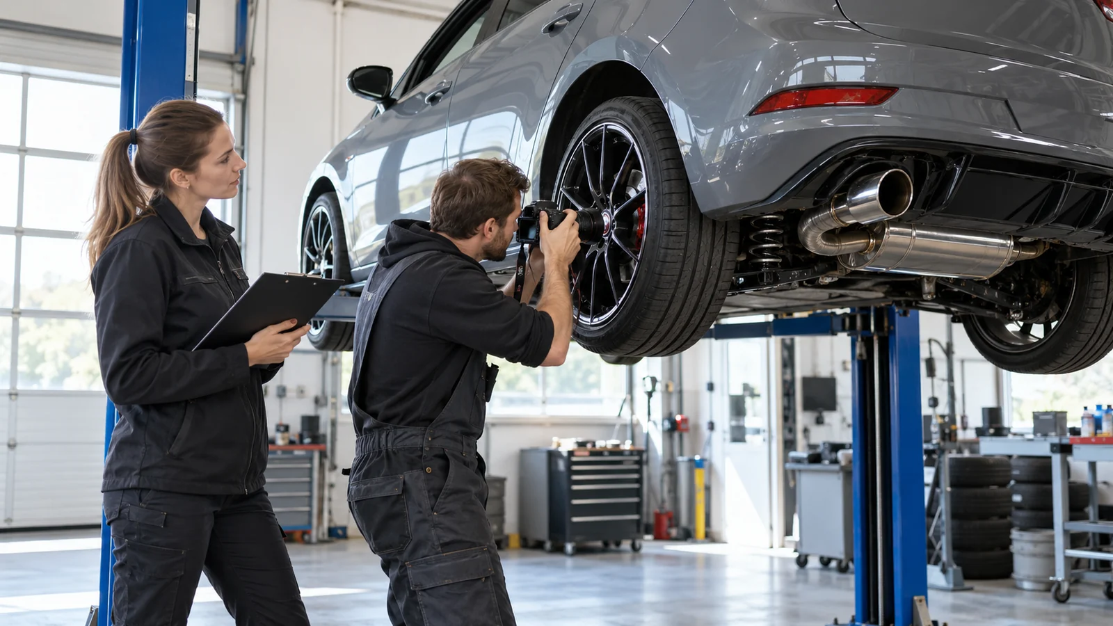 Zwei Werkstattkräfte fotografieren Rad und Auspuff an einem angehobenen Auto. KI-generierte Szene · redaktionell geprüft.