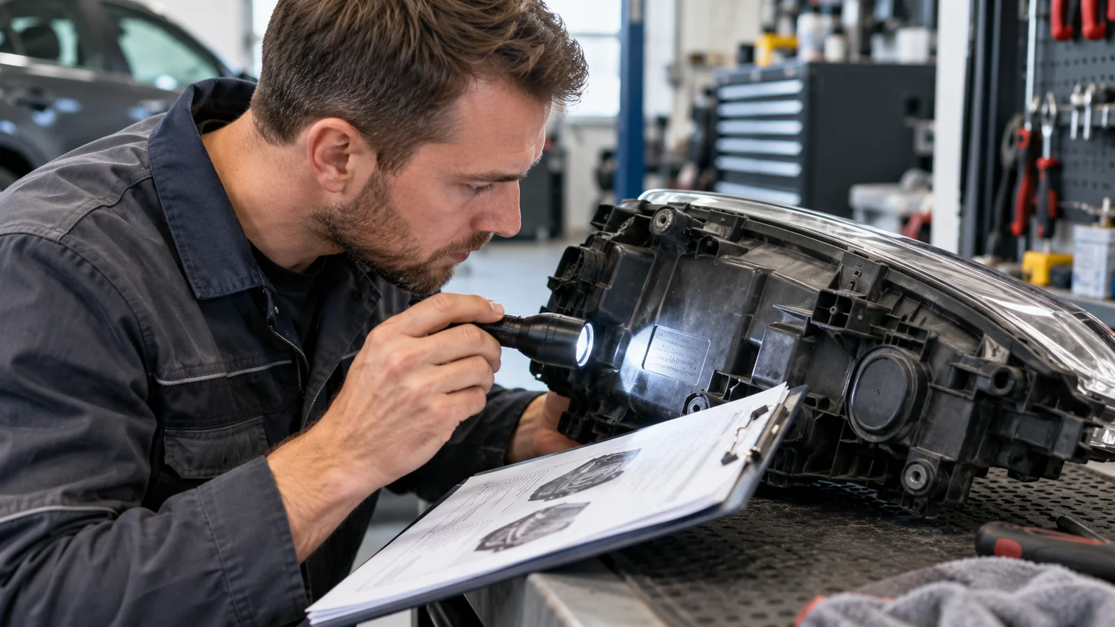 Mechaniker leuchtet die Kennzeichnung an einem ausgebauten Scheinwerfer an. KI-generierte Szene · redaktionell geprüft.