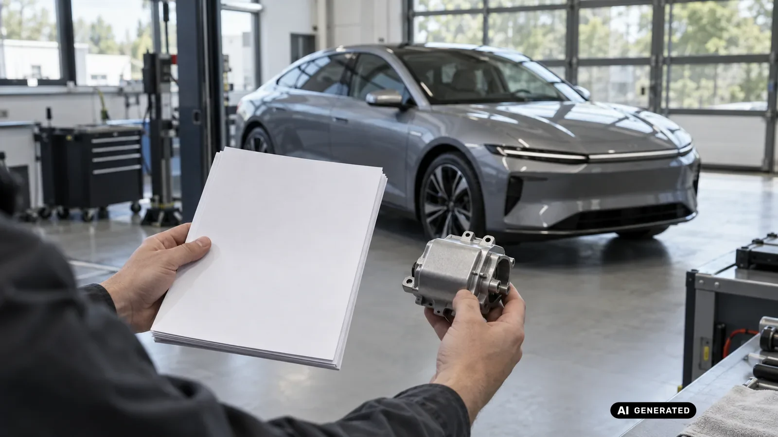 Dokumenten- und Bauteilabgleich für den Beitrag Tesla Model 3 2019–2023; Schrift und persönliche Daten sind nicht lesbar. — KI-generierte Szene, redaktionell geprüft