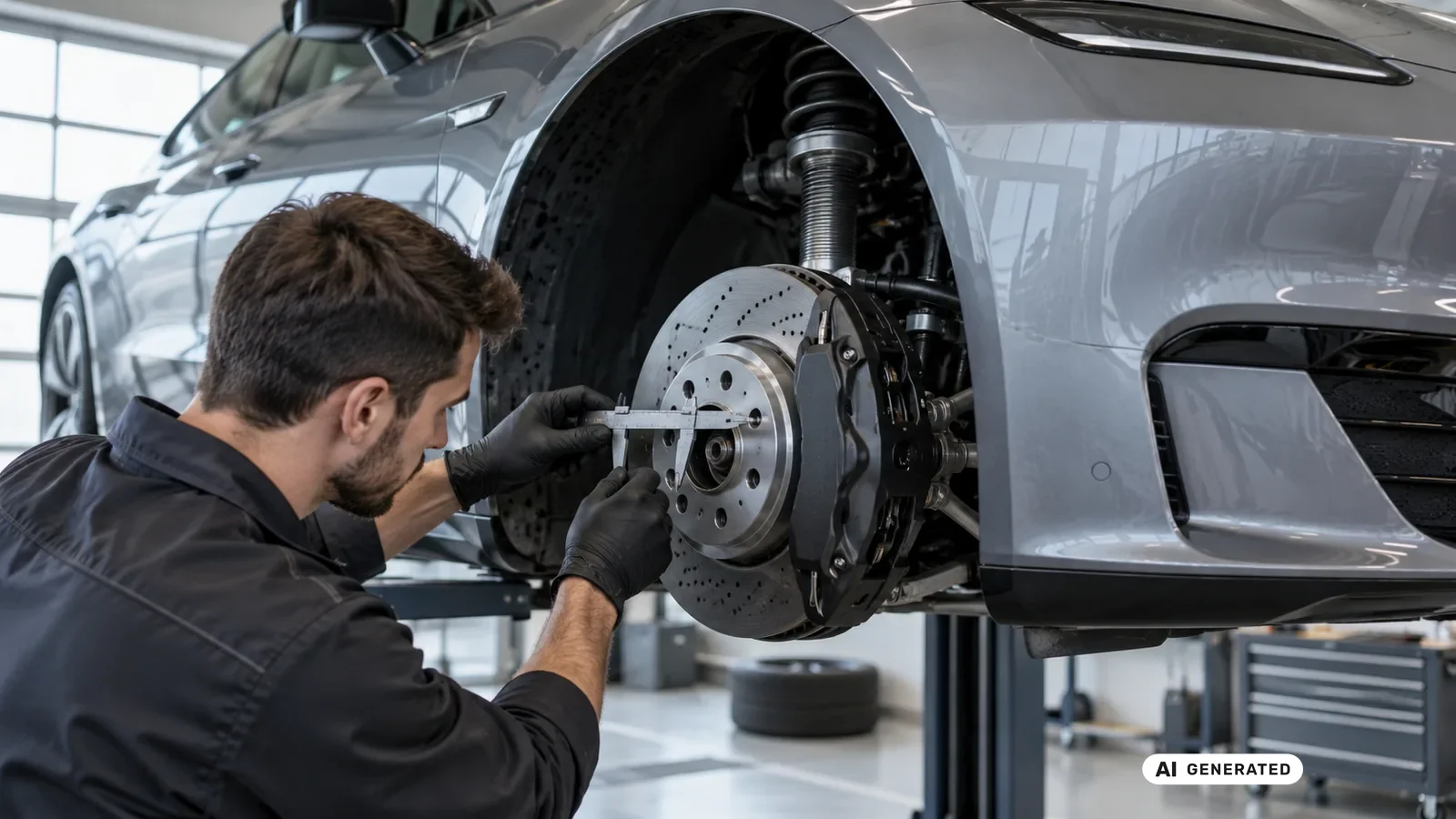 Technische Detailprüfung zum Thema Räder, Reifen und Performance-Bremse an einer neutralen Fahrzeugdarstellung für Tesla Model 3 2019–2023. — KI-generierte Szene, redaktionell geprüft