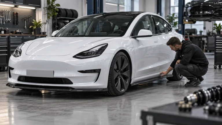 Tesla Model 3 2019–2023 legal tunen: Servicetechniker prüft das Fahrzeug in der Kfz-Werkstatt. KI-generiertes Symbolbild · redaktionell geprüft.