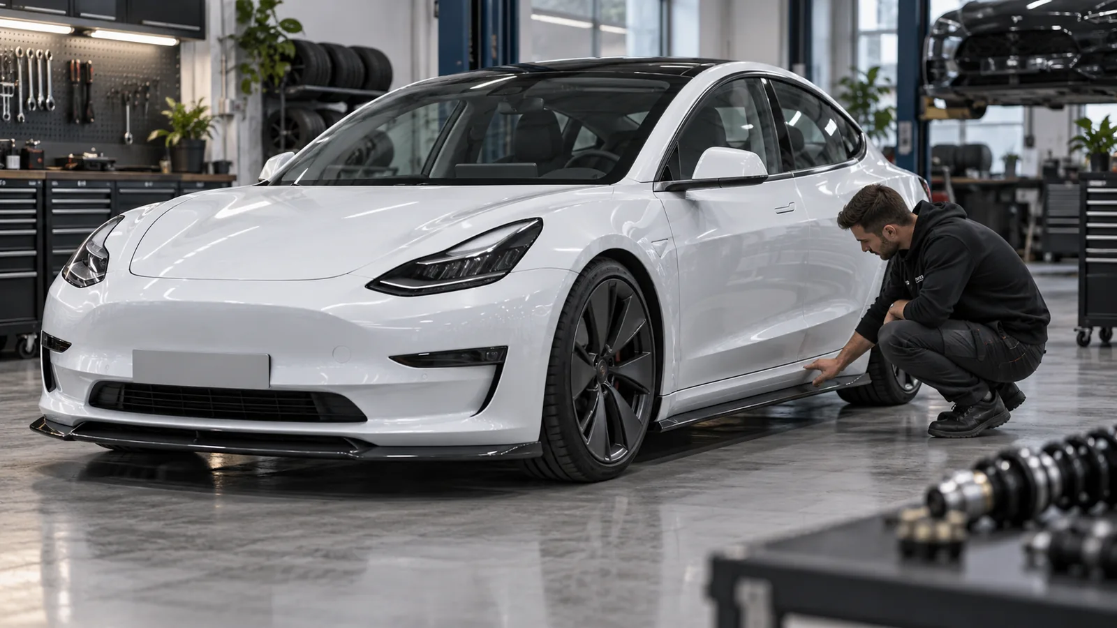 Tesla Model 3 2019–2023 legal tunen: Servicetechniker prüft das Fahrzeug in der Kfz-Werkstatt. KI-generiertes Symbolbild · redaktionell geprüft.