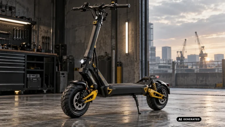 Schwerer Performance-E-Scooter mit zwei angetriebenen Rädern und Hydraulikfederung steht in einer Industriehalle. KI-generiertes Symbolbild · redaktionell geprüft.
