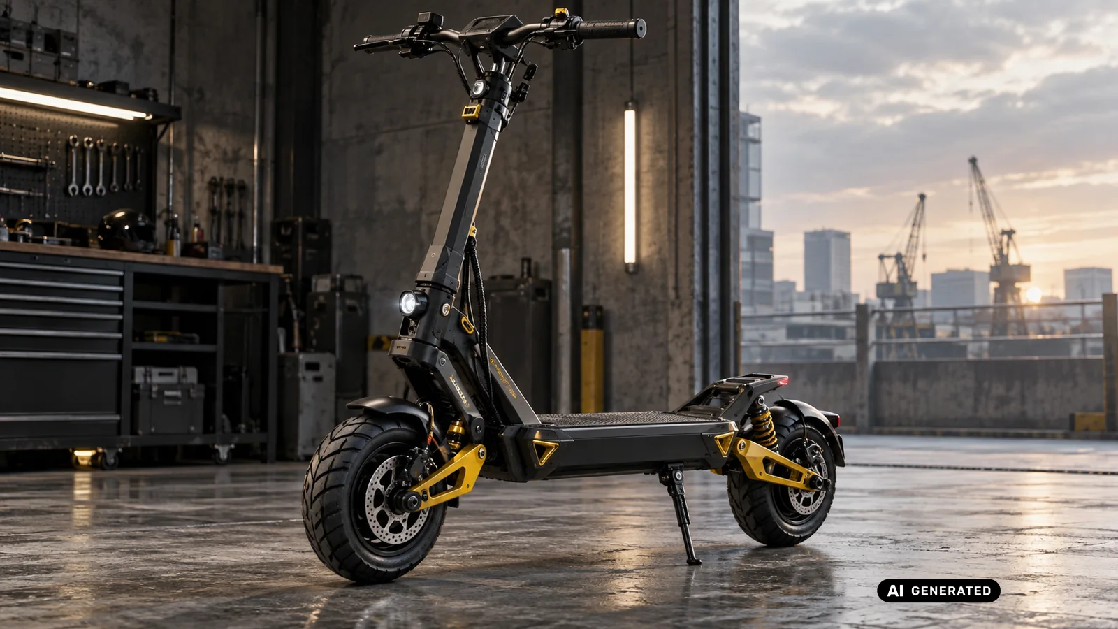 Schwerer Performance-E-Scooter mit zwei angetriebenen Rädern und Hydraulikfederung steht in einer Industriehalle. KI-generiertes Symbolbild.